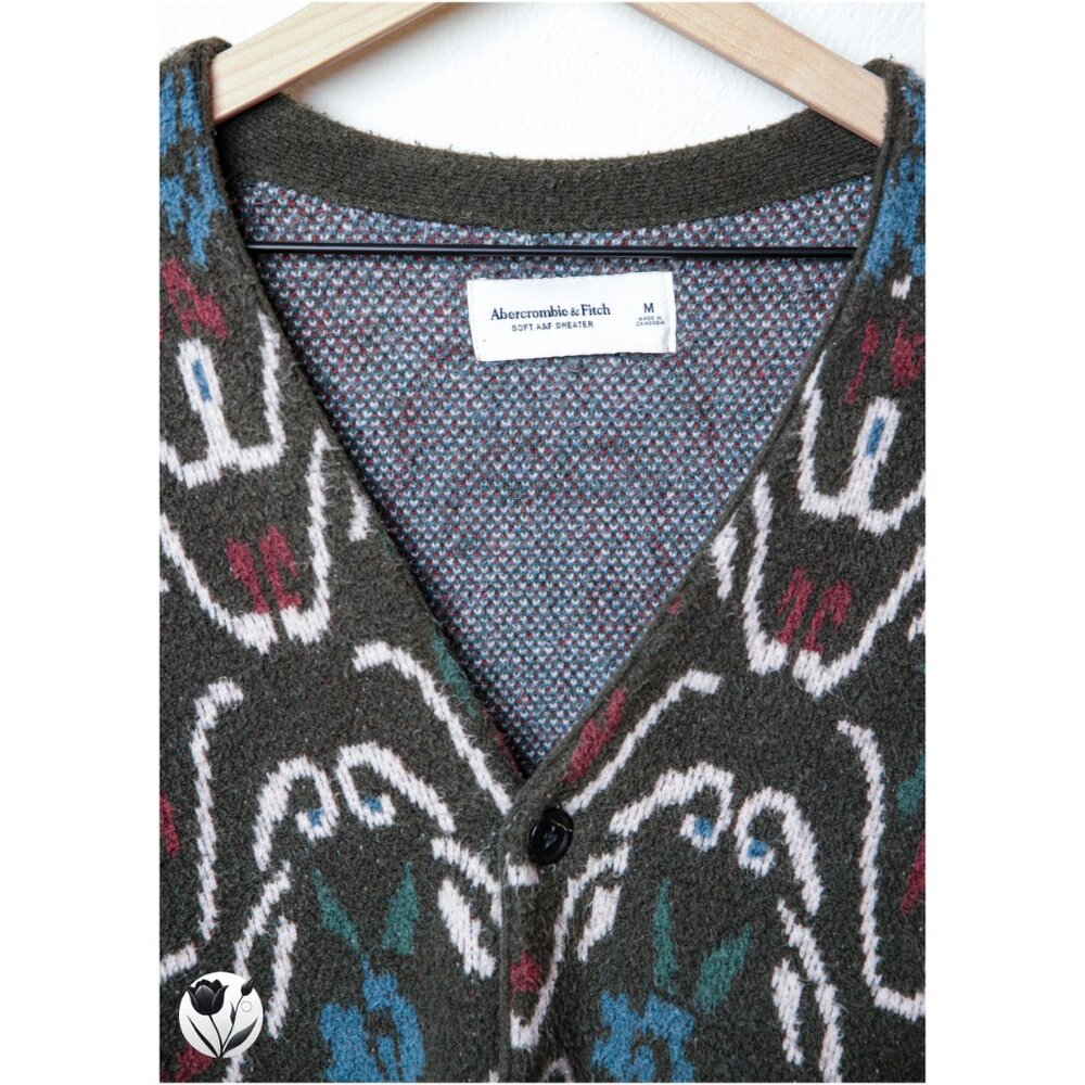 Abercrombie & Fitch Soft Sweater Cardigan M Green Floral Pattern Button Up - Picture 2 of 9